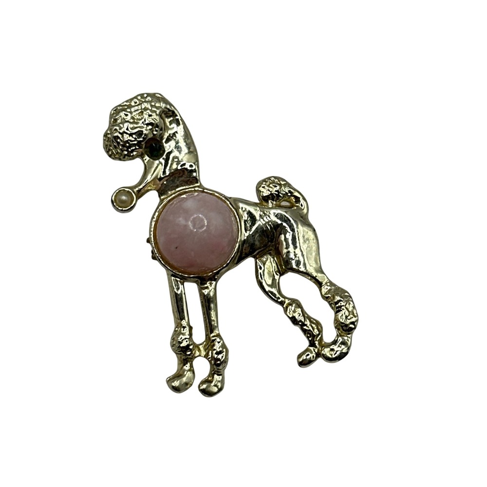Vintage Gold Tone Poodle Brooch Pink Stone Faux Pearl Green Eye Dog Pin